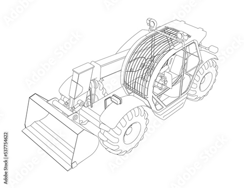 Excavator outline from black lines isolated on white background. Detailed tractor. Isometric view. 3D. Vector illustration. photo