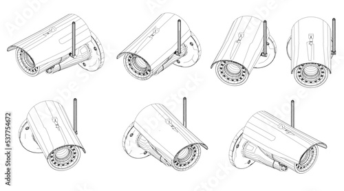 Set with contours of a video surveillance camera in different positions from black lines isolated on a white background. Isometric view rotates right and left. 3D. Vector illustration.