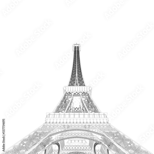 Fototapeta Naklejka Na Ścianę i Meble -  Outline of the Eiffel Tower from black lines isolated on a white background. Detailed tower. Bottom view. 3D. Vector illustration.