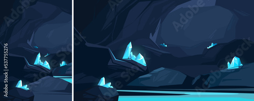 Cave with blue crystals. Underground location in different formats.