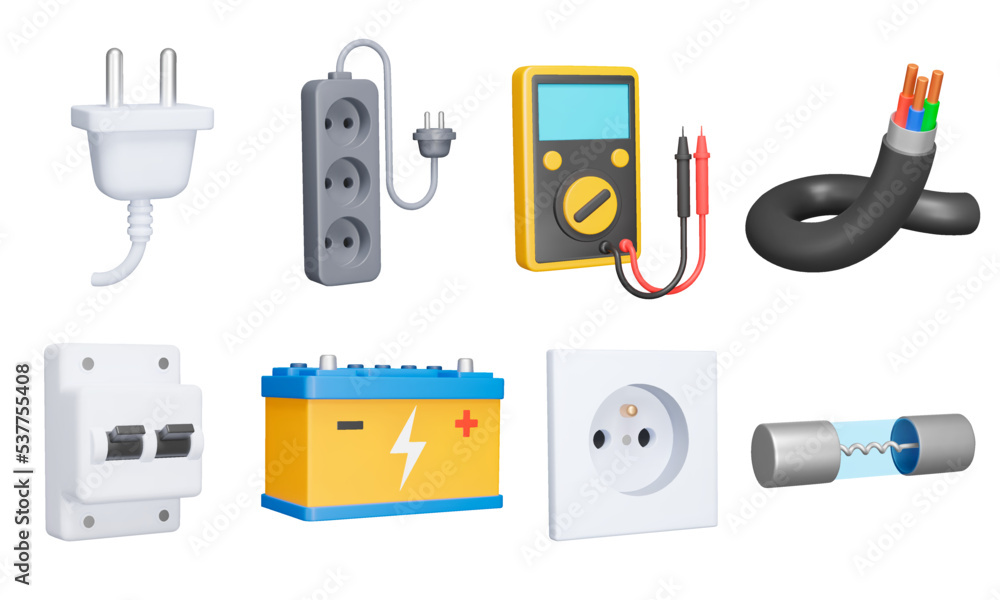 Electricity 3d icon set. Electrical equipment. Electrical plug, extension  cord, electric fuse, multimeter, battery, wire, socket. accessories.  Isolated icons, objects on a transparent background Stock Vector