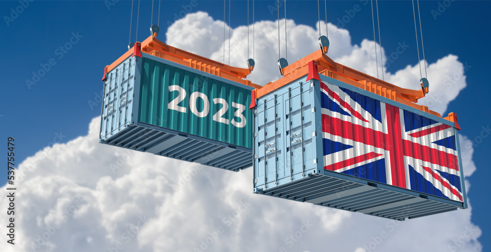 Trading 2023. Freight container with United Kingdom national flag. 3D Rendering 
