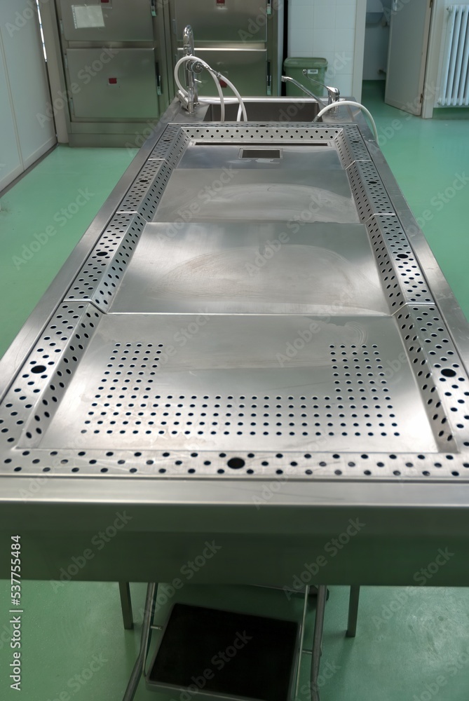 Postmortem Table A stainless steel work table for post-mortem procedures and dissections ...