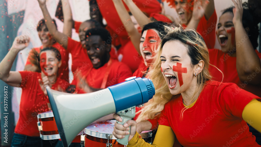 Fototapeta premium Football fans exulting during soccer game of their favorite team - Sport entertainment concept