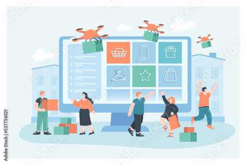 Customers receiving order boxes from unmanned drone couriers. Tiny people shopping in online stores, drones delivering packages flat vector illustration. Logistics, aerial delivery concept