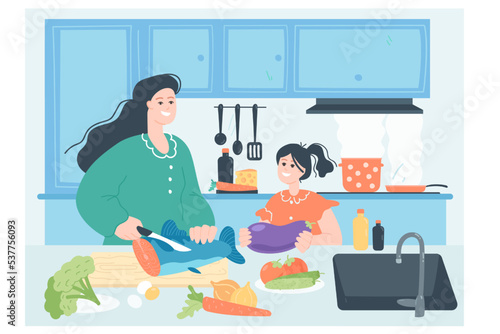 Mom and little daughter making healthy dinner together. Woman and girl cooking vegetables and fish at table of home kitchen flat vector illustration. Happy family, motherhood, lifestyle concept