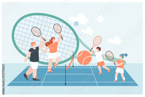 Tennis match between group of cute junior players and adults. Tiny happy people playing with rackets on court flat vector illustration. Sport academy or course, summer camp, physical activity concept © PCH.Vector