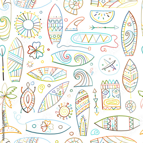 Surf boards collection, surfing time. Hawaii seamless pattern design for fabric, wallpapers etc. Vector illustration