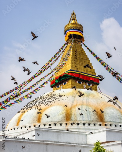 Vertical shot of the birds flying over the Boudhanath Stupa and temple in Kathmandu Nepal photo