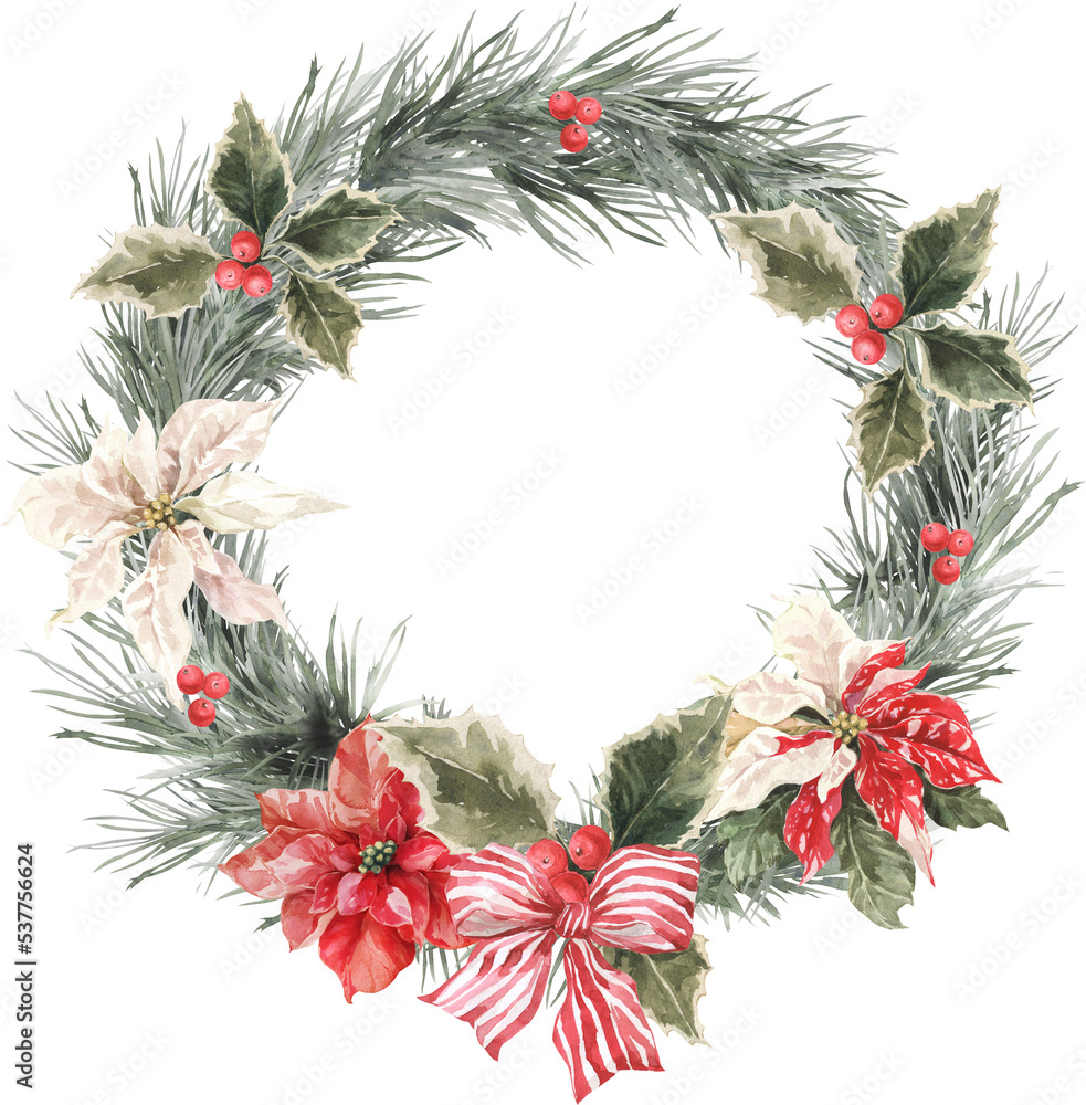 Festive Watercolor Christmas Poisentia New Year Tree Winter Wreath Frame Arrangement 