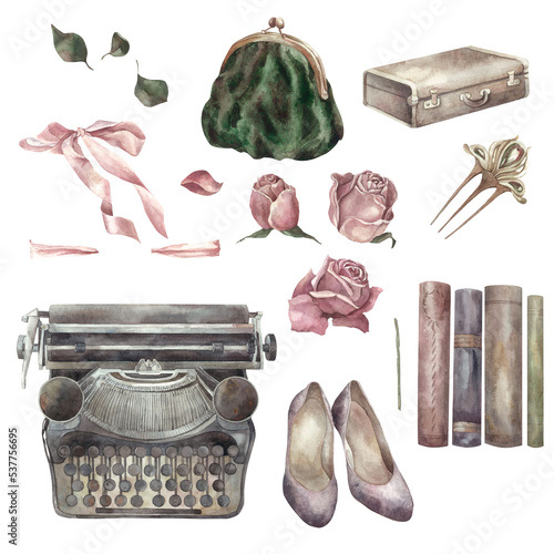 Items in retro style. Made in watercolor by hand. Isolates. For printing, banners, prints, posters, patterns, stickers. Women's theme, wedding, beauty, fashion, vintage. Lots 