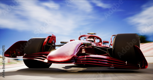 Speeding Sports Red Car Drive Racing Along the Track to the Finish Line. Dynamic Front View Camera. Speed and Sport Concept. 3D Rendering © BY Movie