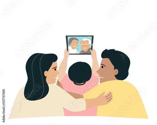 People video communication using tablet. Family talking online at home, online communication concept. flat vector illustation.