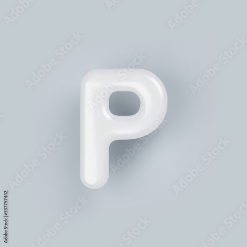 3D White plastic uppercase letter P with a glossy surface on a gray background.