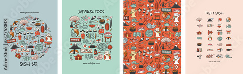 Concept Art, Japaneese Food and Traditions. Frame, background, tree, icons. Set for your design project - cards, banners, poster, web, print, social media, promotional materials. Vector illustration