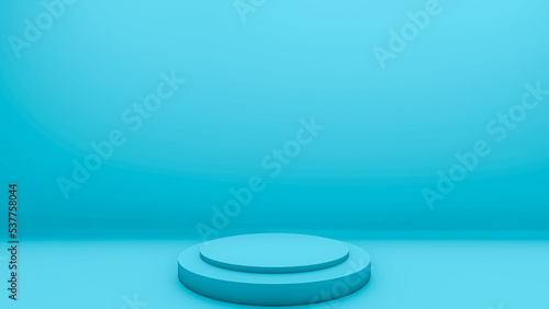 Empty podium or pedestal display on light blue bakcground with round box stand concept. Blank product standing backdrop