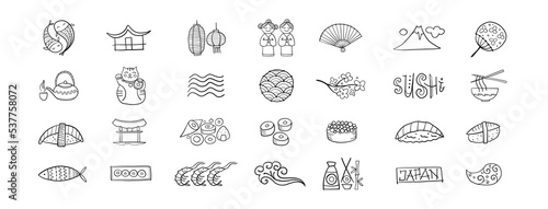 Japaneese Food and Traditions concept art. Menu restaurant. Sushi set. Icons ...