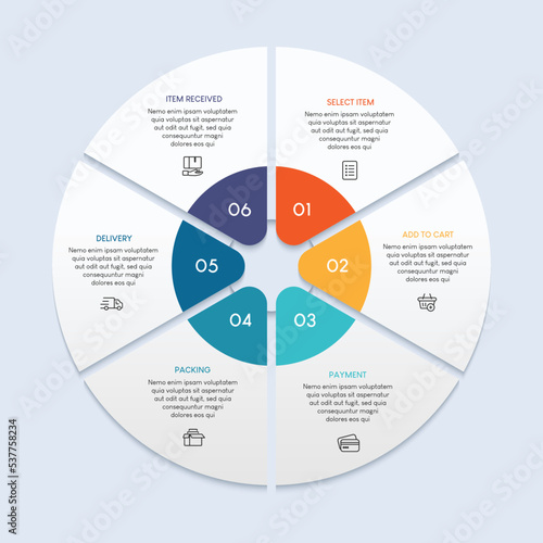 Process of online shopping with 6 steps. Steps business timeline process infographic template