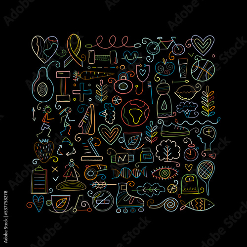 World health day. Green Concept art with healty lifestyle desing elements  icons set. Square background. Vector illustration
