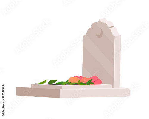 Cemetery. Muslim tombstone. Grave. Flowers on a stone. Pink bouquet. Vector illustration.