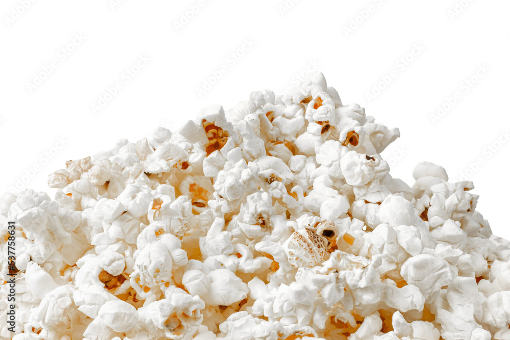 Popcorn close-up. Popcorn isolated on white background. Popcorn foreground. Popcorn close-up. Popcorn isolated on white background. Popcorn foreground.