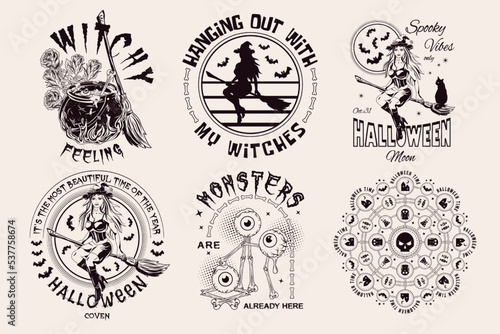 Set of halloween vintage labels with beautiful witch, bones, roses, cauldron, moon, broomstick, monsters, eyeballs, text. Monochrome creative illustrations on a white background