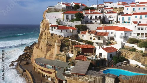 Postcard Village Azenhas do Mar on Steep Atlantic Coast Cliffs AERIAL photo