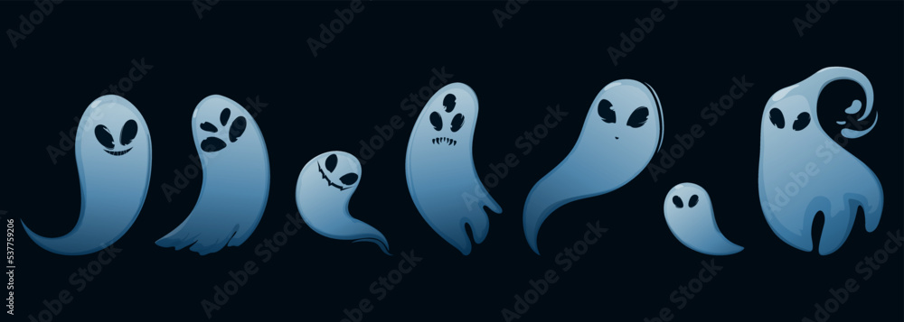 A set of ghosts in different shapes. Vector illustration isolated on a dark background. For Halloween design and decor. Smiling ghosts with creepy eyes. A set of ghosts in different shapes. Vector illustration isolated on a dark background. For Halloween design and decor. Smiling ghosts with creepy eyes.