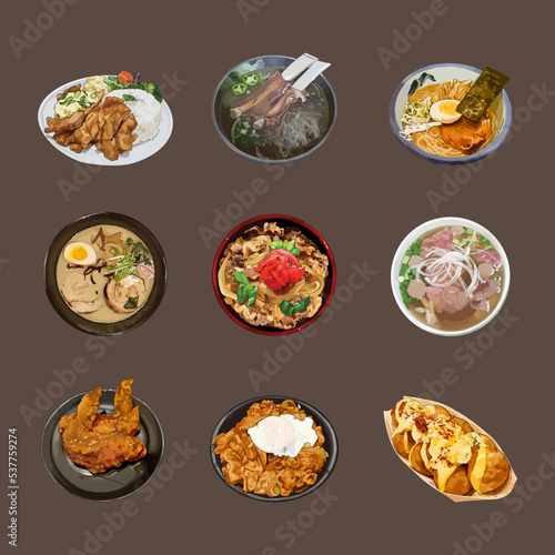 Short Rib Pho, Chicken Nanban meal, Donburi, Ramen, Takoyaki, Nagoya Coochin Tebasaki, Pho Bo.  Set of Japanese food watercolor vector illustration.