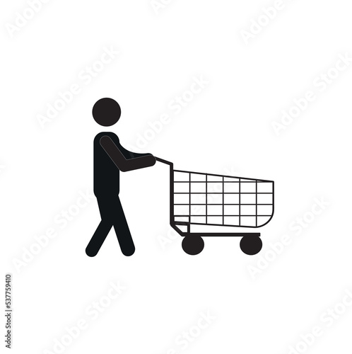 happy shopper walking with supermarket cart, flat design style, customer icon isolated on white background