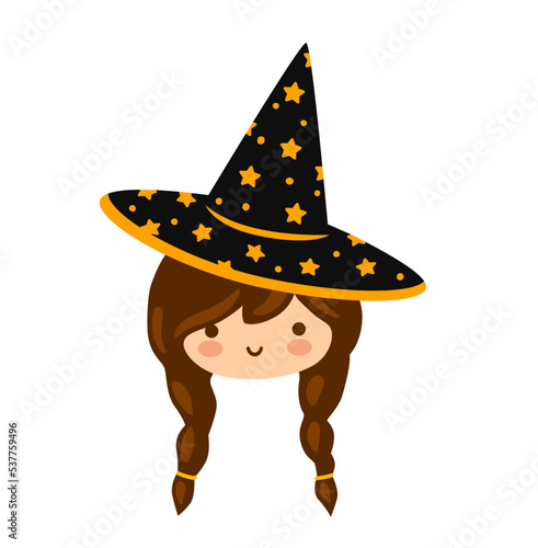 Little witch portrait, sorceress in big magic hat cartoon character. Girl head, face, avatar. Hand drawn flat vector illustration.