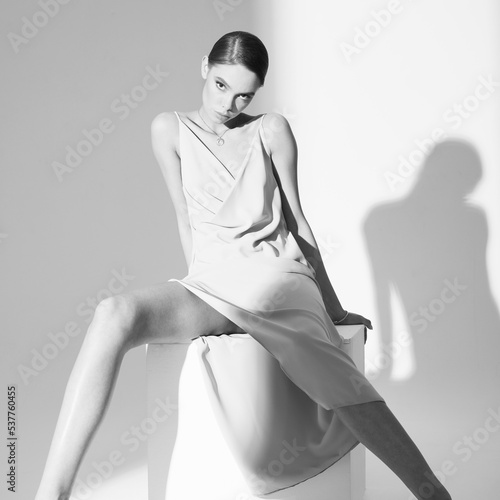 Beautiful woman pose in studio in classic dress