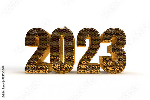 New Year's Eve hive with bee on honey comb  Shiny hexagonal gold number 2023 on a black background with bee.  All isolated as a banner for holiday. 3D rendering.
