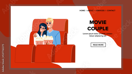 movie couple vector. woman man, young lifestyle, watching film, leisure boyfriend, entertainment girlfriend, cinema movie couple web flat cartoon illustration