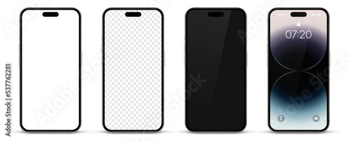 3D realistic high quality smartphone mockup with isolated background. Smart phone mockup collection. Device front view. 3D mobile phone with shadow on white background.