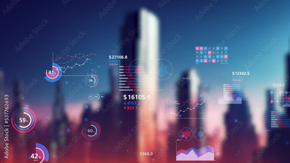 Futuristic city and data analytics concept. System engineering.
