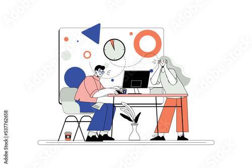 Line concept Deadline with people scene in the flat cartoon style. Office workers try to complete all tasks in time. Vector illustration.