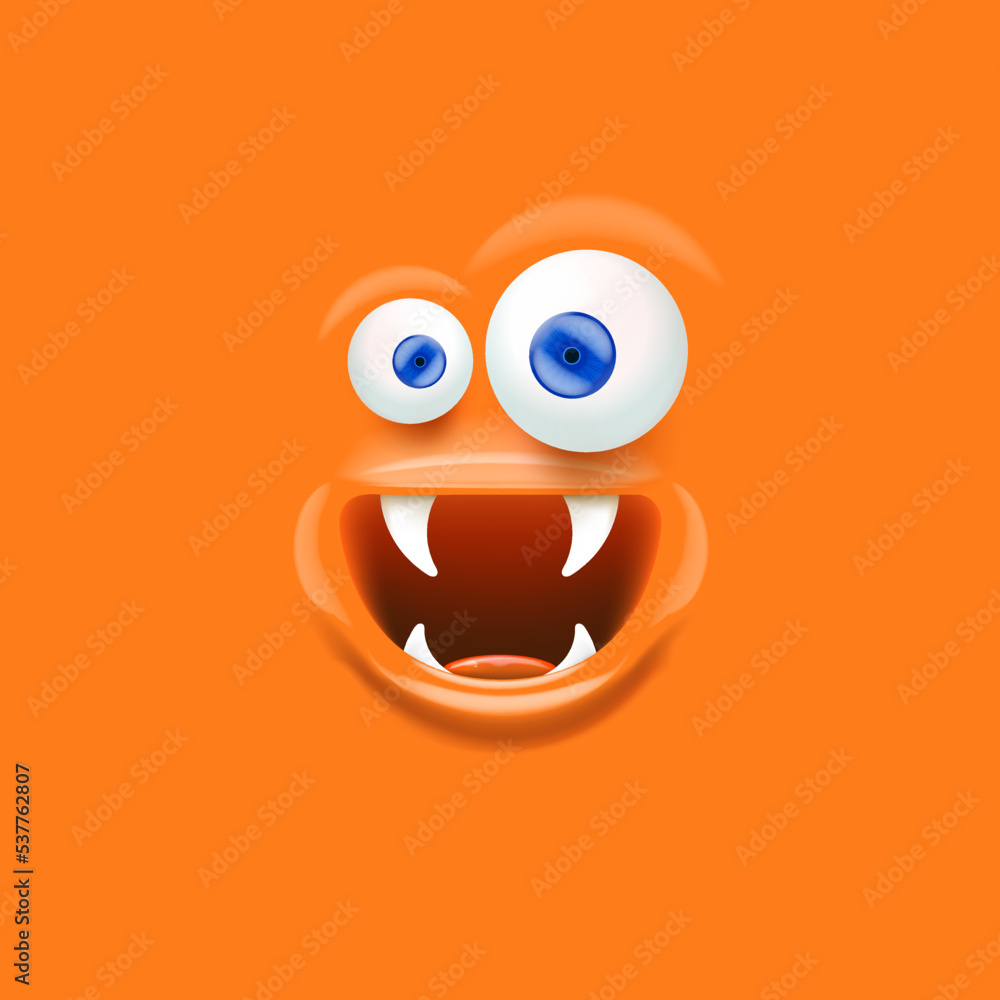 Vector funny orange monster face with open mouth with fangs and eyes isolated on orange background. Halloween cute and funky monster design template for poster, banner and tee print