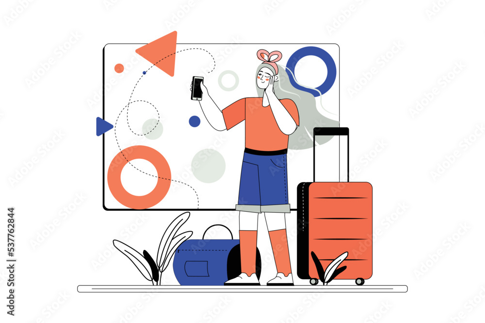 Line concept Travel with people scene in the flat cartoon style. Girl with a suitcase is going on an interesting trip to the countries of the world. Vector illustration.
