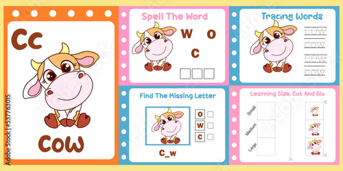 worksheets pack for kids with cow vector. children's study book