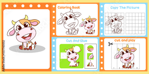 Fototapeta Naklejka Na Ścianę i Meble -  worksheets pack for kids with cow vector. children's study book