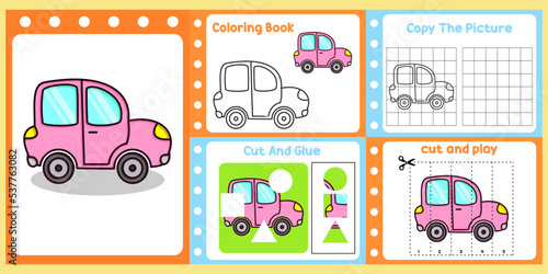 worksheets pack for kids with car vector. children's study book