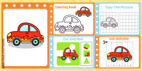 worksheets pack for kids with car vector. children's study book