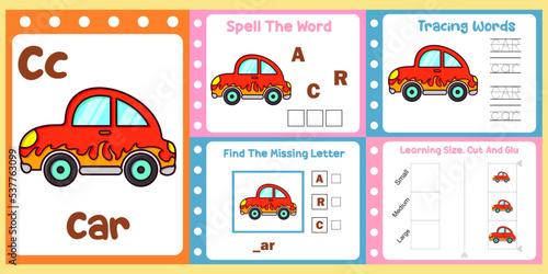 worksheets pack for kids with car vector. children's study book