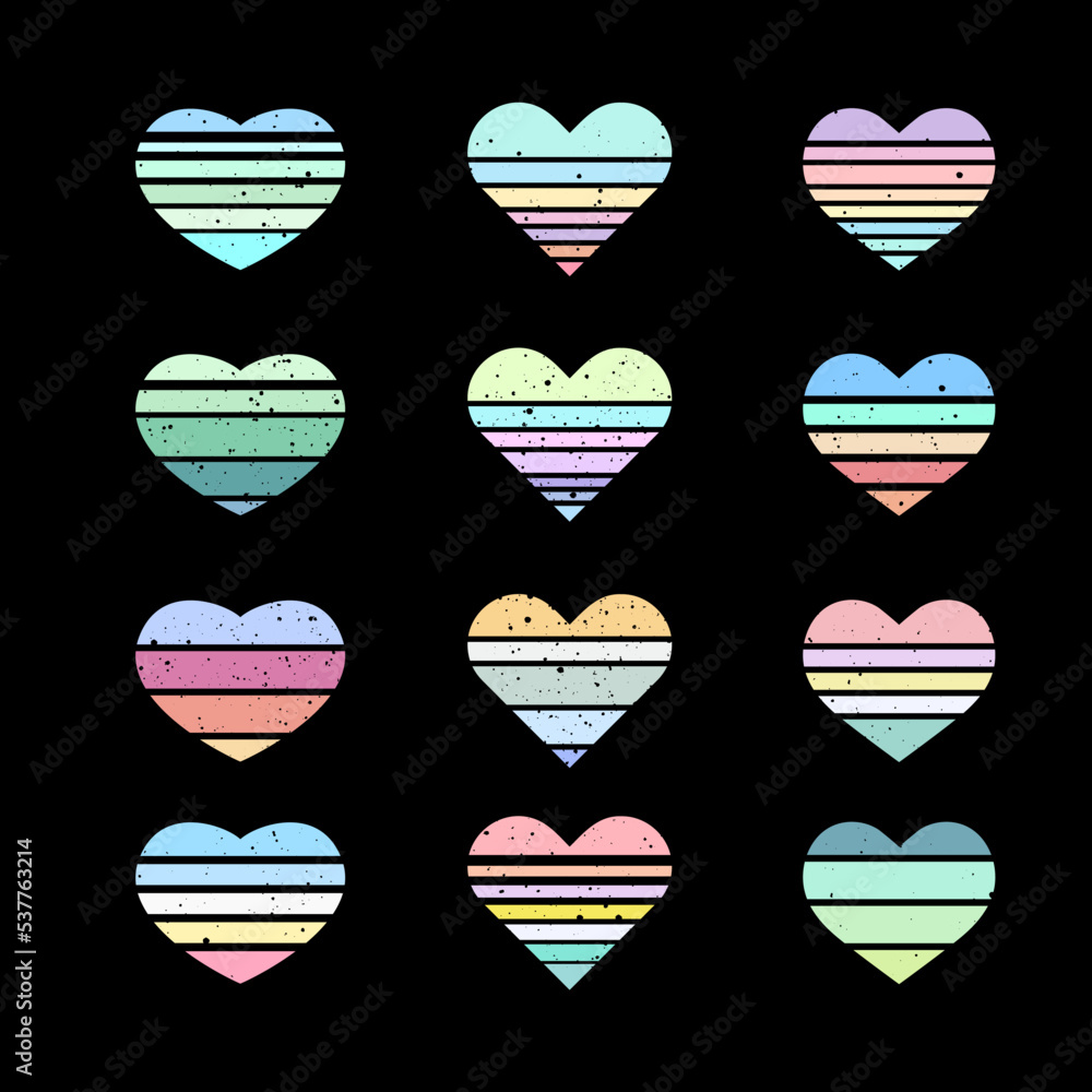 A set of striped colored hearts with the grunge effect A set of striped colored hearts with the grunge effect