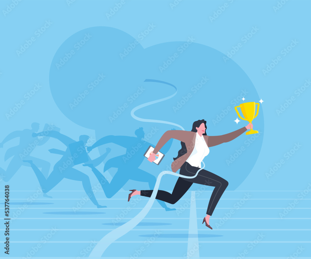 Execution success, Business goals, achieve target, successful career or winner concept. The fastest businesswoman is tearing the finish line with trophy as the winner of running race in blue scene.