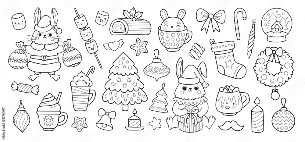 Christmas outline rabbit cartoon characters and elements for coloring book. Cute bunny in santa claus costune, xmas elf, tree, holly and holiday decorations. Vector isolated doodle illustration.