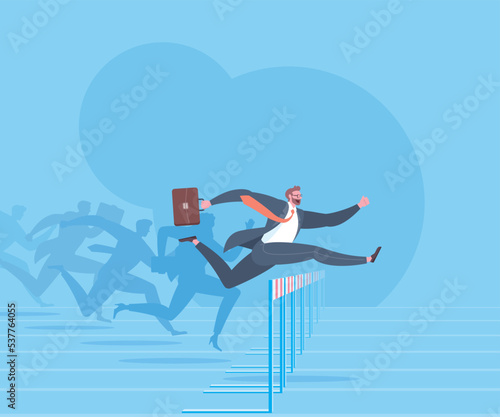 Execution success, business goals, achieve target, successful career or overcome obstacles to success concept. The fastest businessman is jumping over hurdle of hurdles race in blue background.