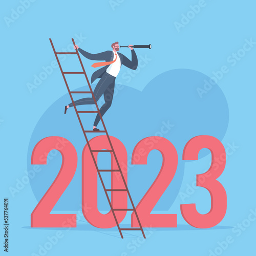 Business trends for 2023, 2023 vision, searching for opportunities or leadership concept. Businessman is looking through monocular telescope and standing on ladder above text 2023 in blue scene.