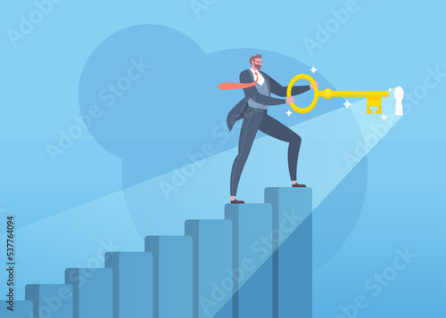 Key to success, career growth, improve skill to success or steps to achieve target concept. Businessman is standing on the top of stair step and holding golden key to open the keyhole in blue scene.